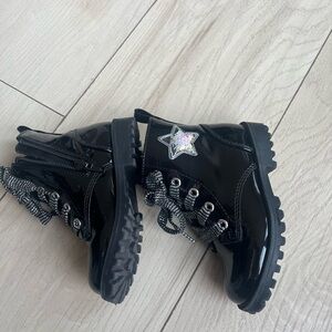 Black Patent Leather Kids Boots with Star Patch
